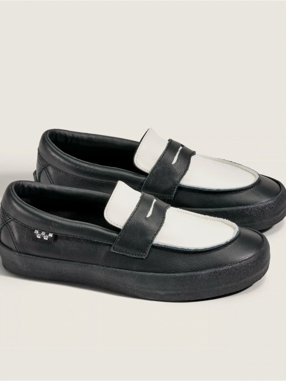 Vans Black and White Leather Penny Loafers